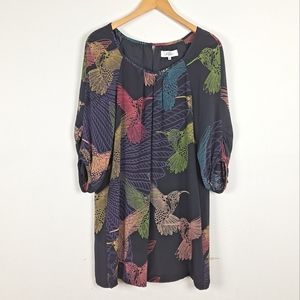 Tibi Bird Print Silk Dress Size 10 Black Multicolored Short Shift Dress